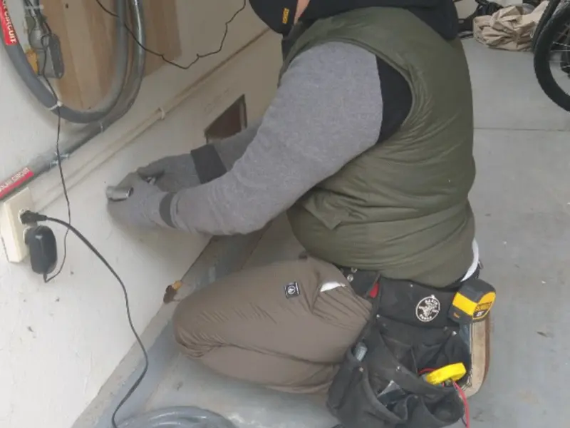Electrician performing outlet wiring in a Hinsdale garage